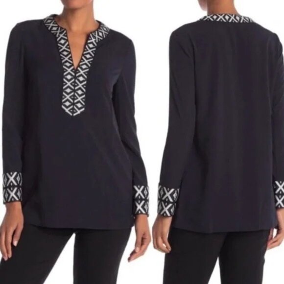 TORY BURCH | Ariana Embroidered Taping Trim V Neck Tunic (SZ 6) - Picture 1 of 7